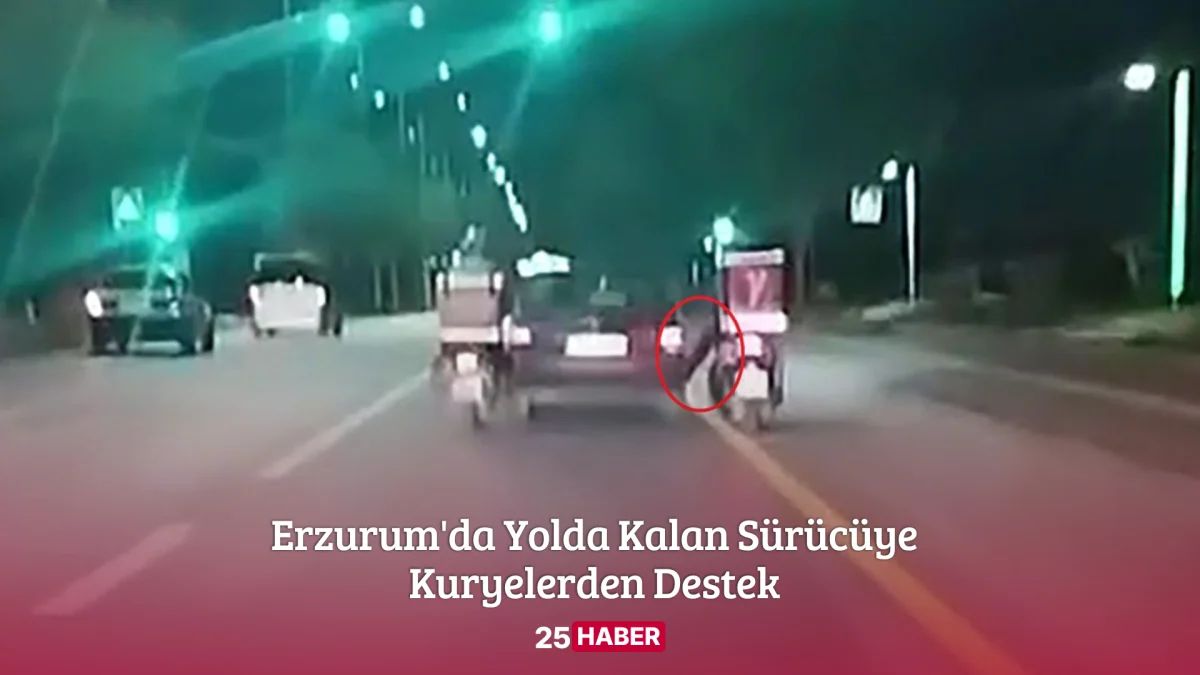 erzurum'da yolda kalan sürücüye kuryelerden destek
